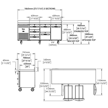 True 1/1 GN Counter Refrigerator 3 Section TCR1/3-CL-SS-DL-DR-DR-TR
