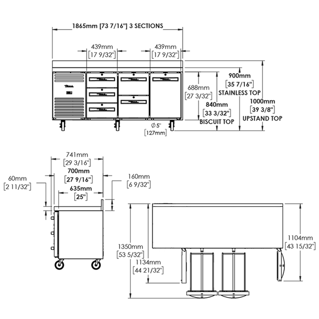 True 1/1 GN Counter Refrigerator 3 Section TCR1/3-CL-SS-DL-DR-DR-TR