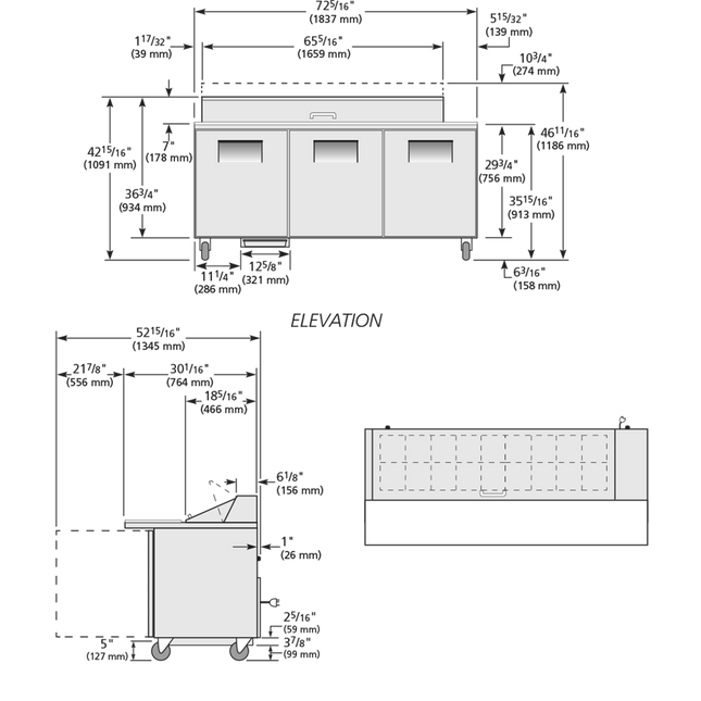 True Prep Table 18x 1/6 Top Pans 3 Solid Swing Doors - 538L - 1839mm Wide - 766mm Deep TSSU-72-18-HC-TR