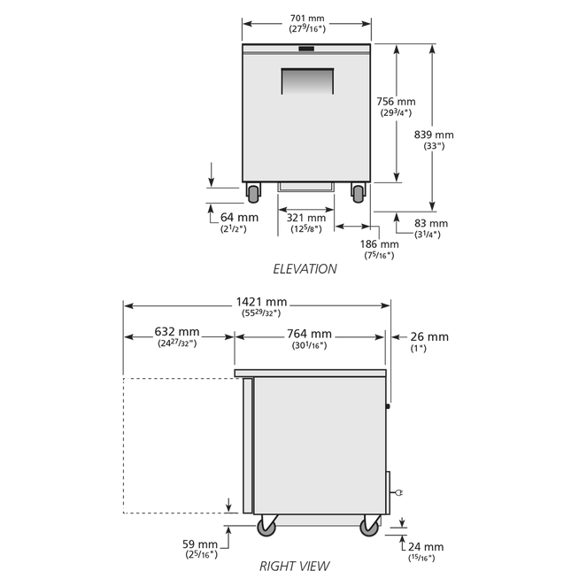 True Undercounter Foodservice Refrigerator 1 Solid Swing Door - 184L TUC-27-HC-TR