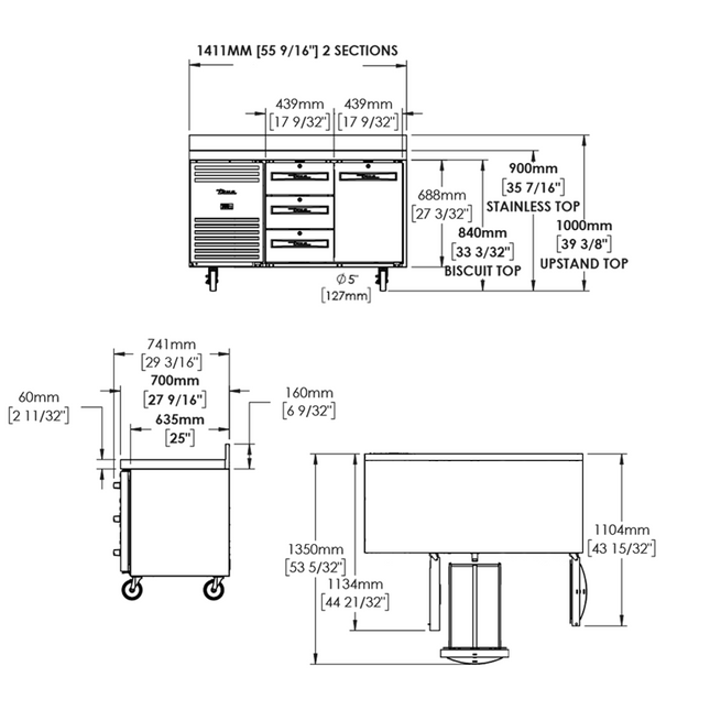 True 1/1 GN Counter Refrigerator 2 Section TCR1/2-CL-SS-DL-DR-TR