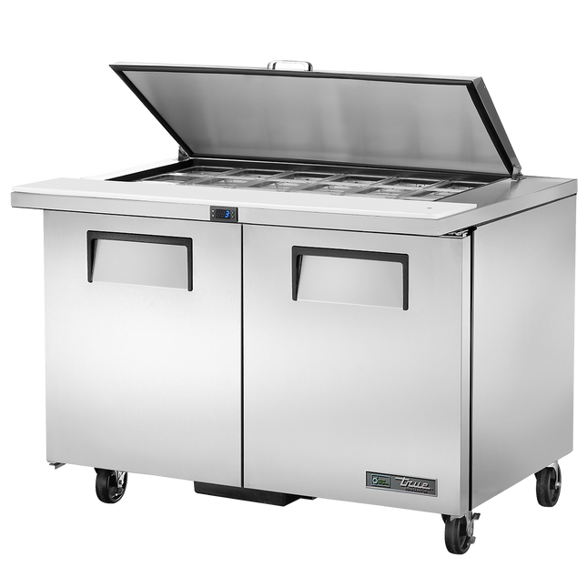 True Prep Table 18x 1/6 Top Pans 2 Solid Swing Doors Removable lids TSSU-48-18M-B-HC FLID-TR