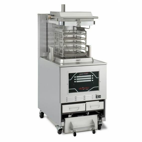 Henny Penny PXE-100 electric pressure fryer — front view, lid up with racks
