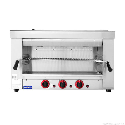 GasMax REB-02ELPG LPG salamander front view, three control knobs and adjustable rack