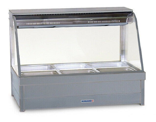 Roband curved glass hot food display with six pans, showing a commercial countertop hot food display unit.