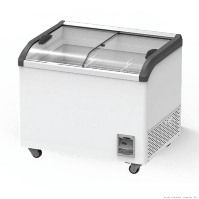 Thermaster SD-306K 306L Supermarket Chest Freezer — angled view showing curved glass lids and castors