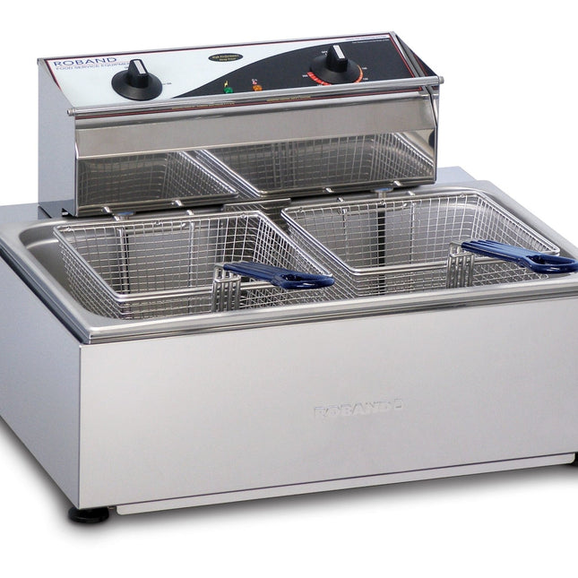Roband double basket fryer with dual baskets and stainless steel design for commercial deep frying.