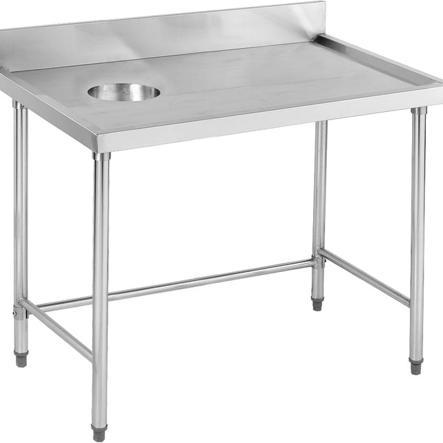 Stainless steel waste collection bench with scrape hole and splashback for commercial kitchen use. Purchase now!