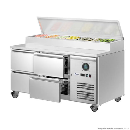 FED-X XSS7C13S2V-4D Four Drawer Sandwich Prep Counter — open drawers and GN pan display
