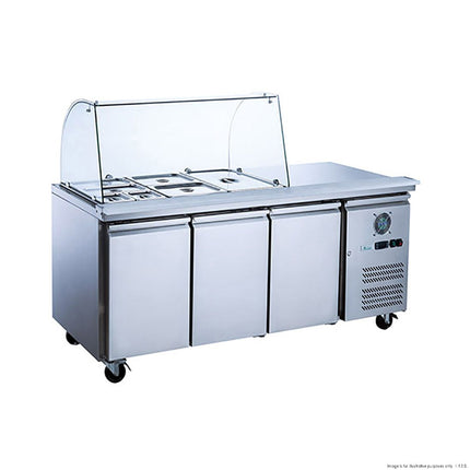 FED-X Three Door Salad Prep Fridge Curved Glass Top XTHP3100SALGC — front angle view