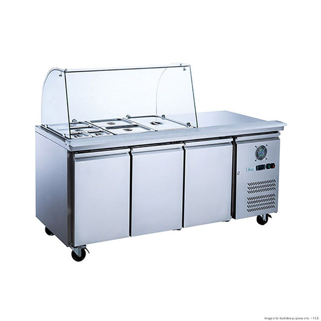 FED-X Three Door Salad Prep Fridge Curved Glass Top XTHP3100SALGC — front angle view