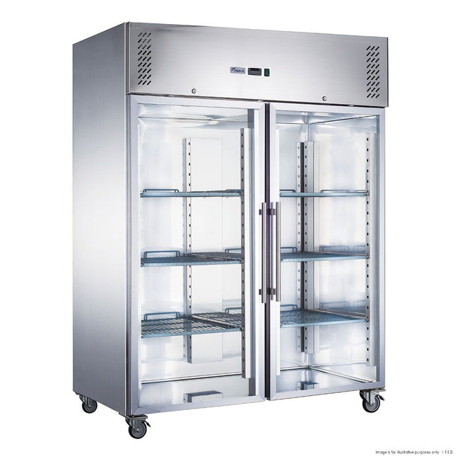 FED-X Two Full Glass Door Upright Display Fridge XURC1410G2V — Front 3/4 View